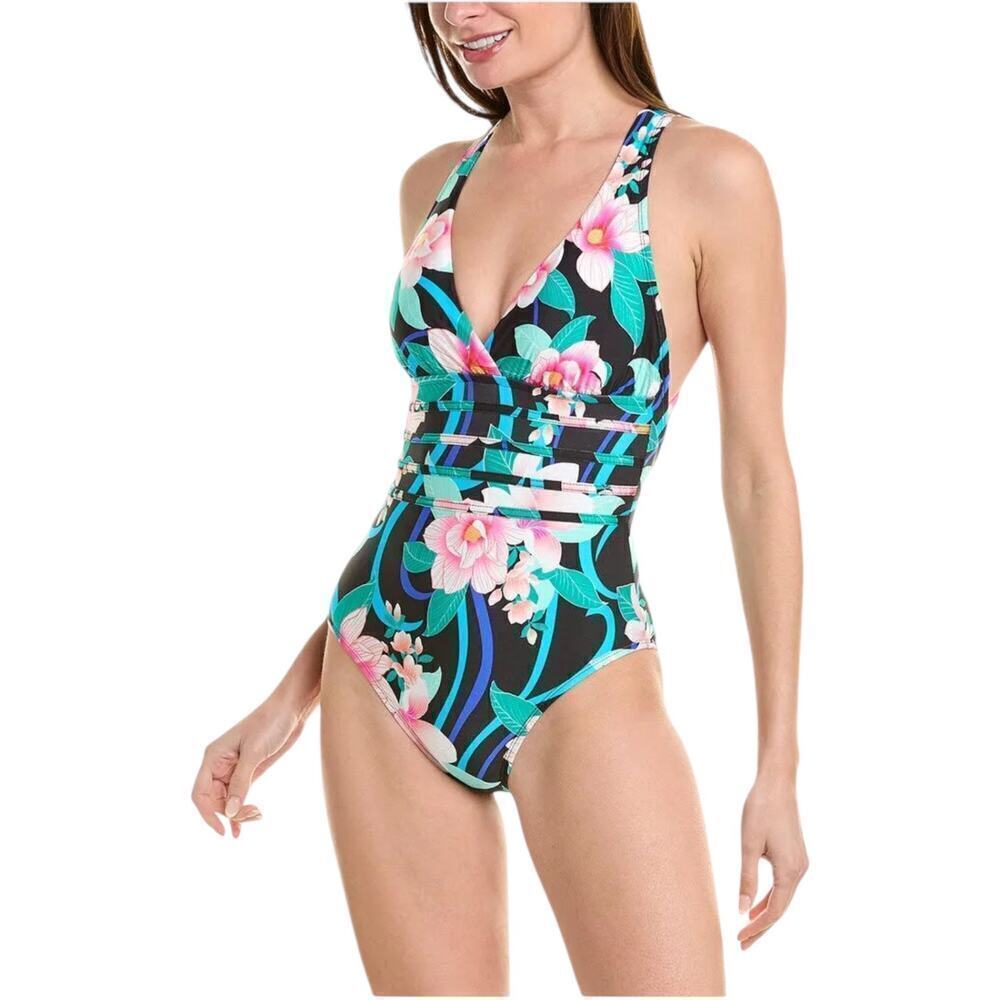 New Women’s La Blanca Floral Multi Strap Cross Back One Piece Swimsuit Size 12